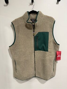 Quilted Pocket Fleece Vest - Beige/Forest Green
